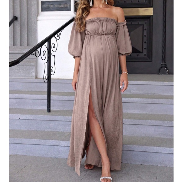 Maternity Off Shoulder 3/4 Sleeve Split Leg Party Occasion Maxi Dress - Picture 9 of 11